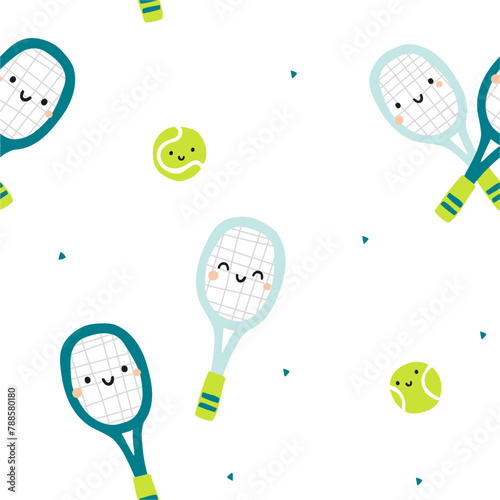 Cute tennis rackets and balls. Seamless pattern. White background. 