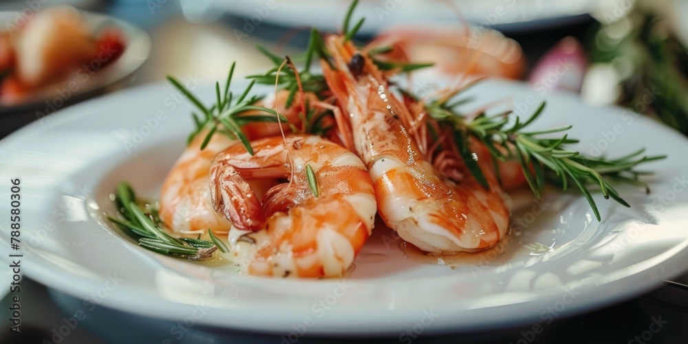 Fresh shrimp and aromatic rosemary on a white plate, perfect for food blogs or seafood recipes Fresh shrimp and aromatic rosemary on a white plate, perfect for food blogs or seafood recipes