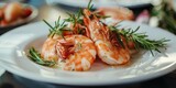 Fresh shrimp and aromatic rosemary on a white plate, perfect for food blogs or seafood recipes