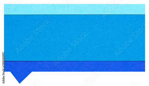 Blue layered blank cut out paper cardboard speech bubble of rectangular shape with copy space for text on transparent or white background
