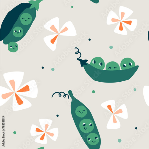 Cute sweet peas and flowers on a beige background. Adorable kids design. Seamless vector pattern.