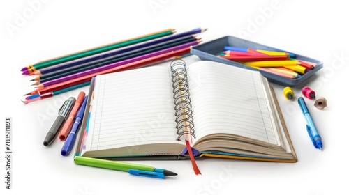 Colorful pens and pencils on an open notebook. Suitable for office, school, or creativity concepts