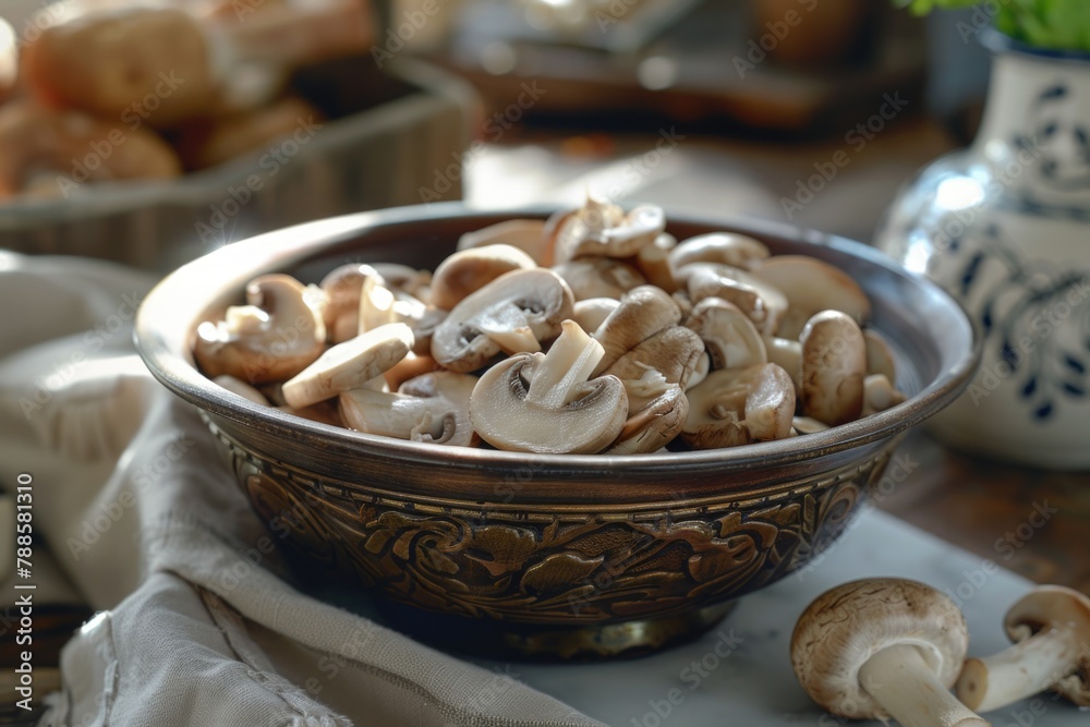 Fresh mushrooms in a bowl on a table. Suitable for food blogs or recipes Fresh mushrooms in a bowl on a table. Suitable for food blogs or recipes