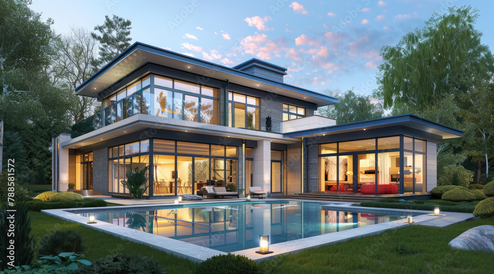 A modern house with a pool and garden, large windows, gray walls, white roof, red details, modern architecture, daylight, blue sky, white sand in the yard, sunbeds near the swimming pool