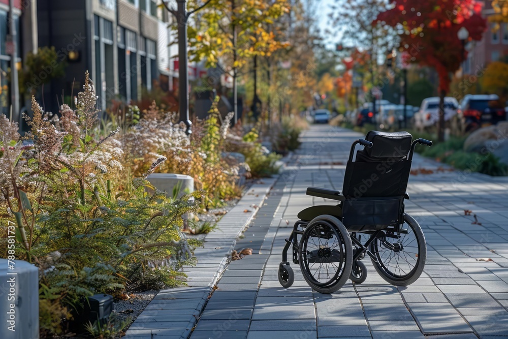 Wheelchair-friendly cityscape, curb cuts, tactile paving, urban mobility for all
