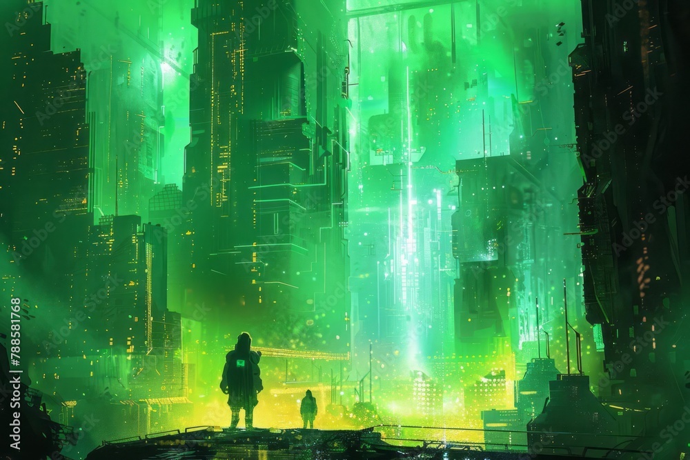 Digital illustration, concept art, cyberpunk cityscape, neon glow, futuristic design