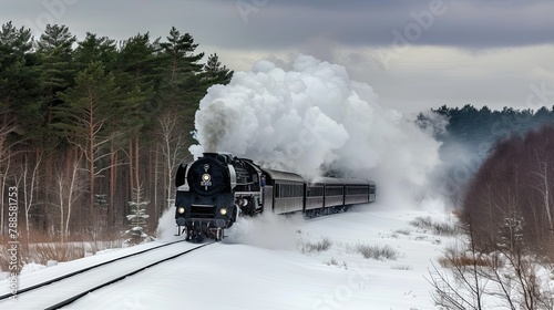 Against a backdrop of powdery snow, the train makes its way through a frosty forest, creating a mesmerizing scene of winter tranquility
