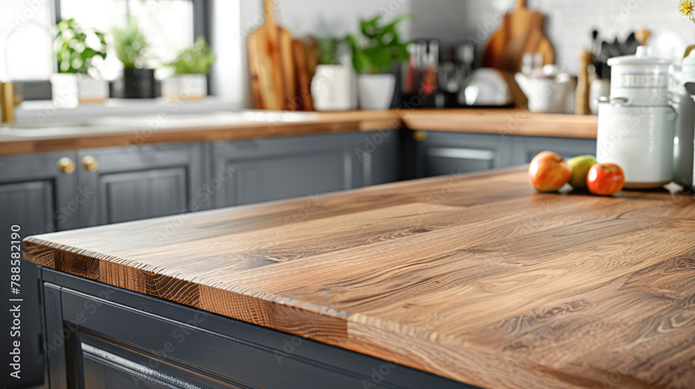 Close-up of an empty wooden kitchen counter with food prep space, against a gray kitchen backdrop, emphasizing texture and craftsmanship. Stage showcase template for promotional items, banner Close-up of an empty wooden kitchen counter with food prep space, against a gray kitchen backdrop, emphasizing texture and craftsmanship. Stage showcase template for promotional items, banner