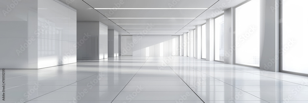 Obraz premium empty White empty room with white tile floor and ceiling with sunlight