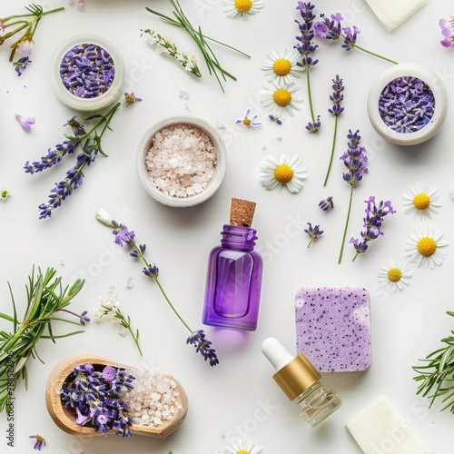 A bottle of lavender soap surrounded by lavender flowers. Perfect for spa and beauty concepts