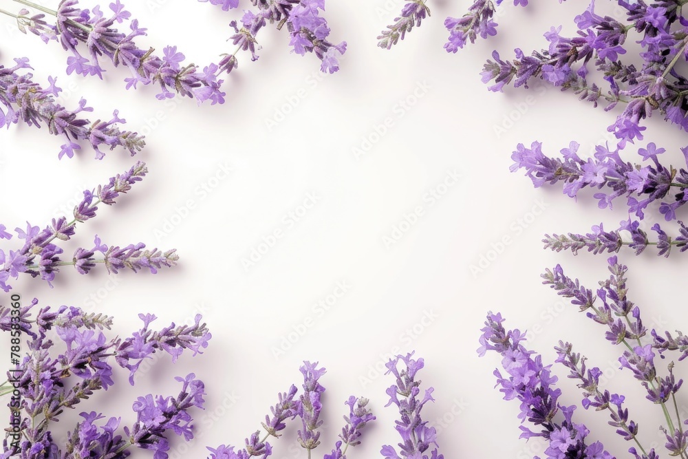 Beautiful circle of lavender flowers on a white background. Perfect for spa or aromatherapy concepts