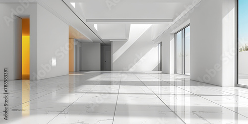 empty White empty room with white tile floor and ceiling with sunlight