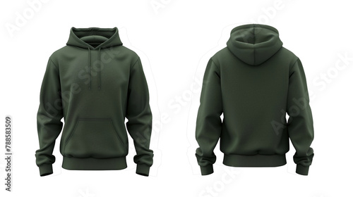 A mock-up of a forest green hoodie isolated on a transparent background, front and back view.