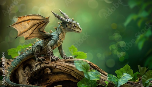 Beautiful strong green real dragon sitting on a log on a green background