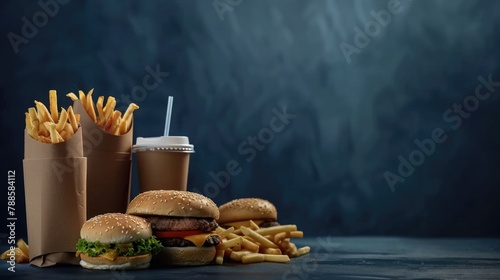 A classic fast food meal on a table, perfect for restaurant promotions