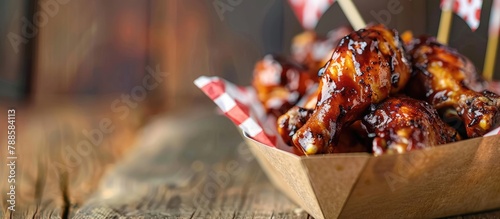 Close-up image of chicken barbecue in a paper tray with a small flag on a wooden surface, representing the concept of a barbecue party.