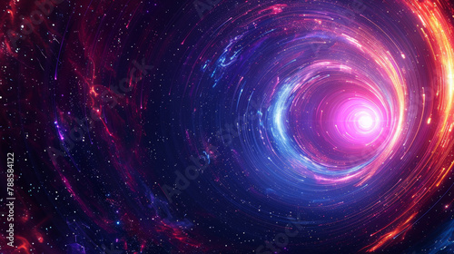A digital representation of a colourful putple black hole surrounded by a fiery nebula. photo