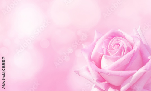 Pink rose in the corner of the blurred background