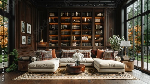 a stunning white floral arrangement adorning a modern luxury man cave, accentuated by bright, alongside touches of books and brass for added sophistication.