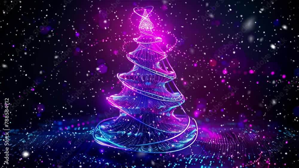 Christmas tree. Falling snowflakes. Falling snowflakes effect. Midnight snowfall. Christmas lights. Neon. Looped snow. Generate AI.
