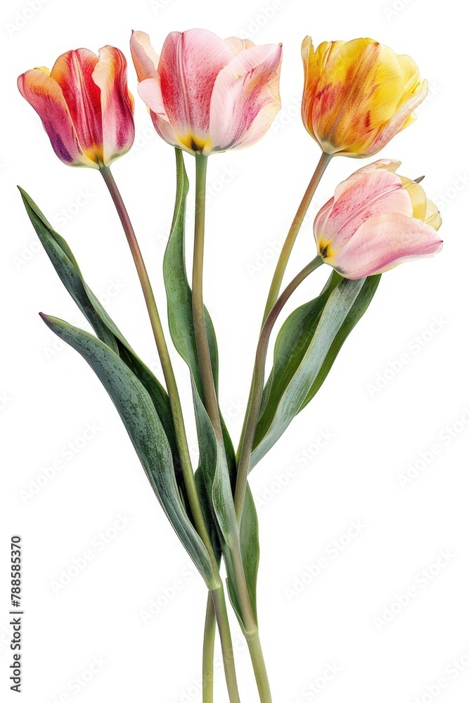A vibrant group of three pink and yellow tulips. Ideal for spring-themed designs A vibrant group of three pink and yellow tulips. Ideal for spring-themed designs