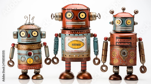 Close up view of colorful mixed vintage tin robot toys collection.