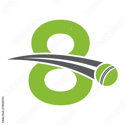 Cricket Logo On Letter 8 Concept With Moving Cricket Ball Symbol. Cricket Sign