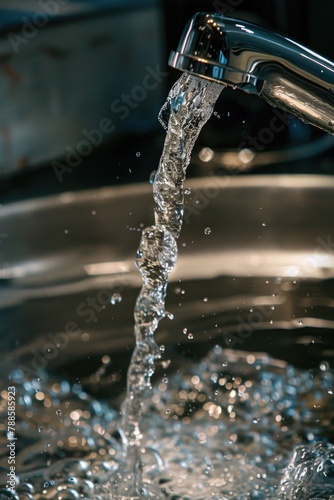 Close up view of water flowing from a faucet. Perfect for illustrating concepts of water conservation and usage