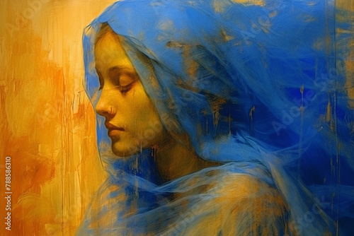 A tranquil portrait of a person draped in blue with an orange backdrop © Rytis
