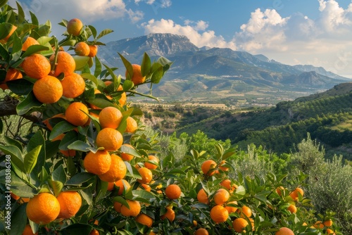Alberi di arance su sfondo rurale mediterraneo photo
