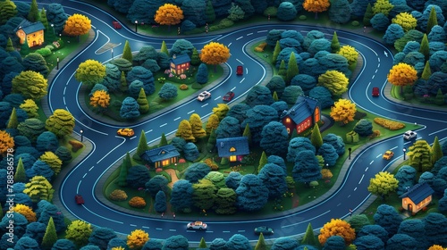 Seamless modern background with cartoon cars and roads. Use it as a pattern for textiles, wrapping paper, children's play mats, board games, etc.