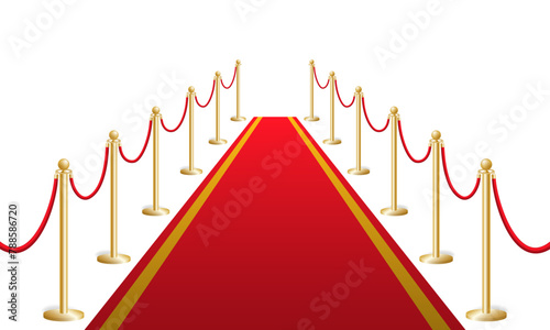 Red carpet with fencing gold bollards template. Security barrier with rope at solemn ceremonies and vector events