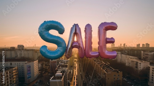 Giant Balloon Letters Announcing Sale Above Cityscape at Sunset photo