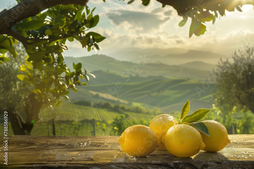 Gruppo di limoni freschi riposano su una tavola rustica, baciati dai raggi del sole, su sfondo rurale con colline photo