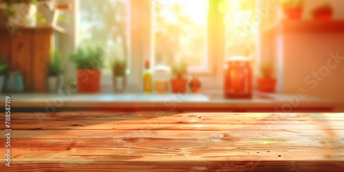 empty nWooden table with blurred kitchen interior background, panoramic banner for product display template  photo