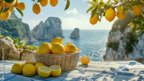 Cesto di limoni freschi posato con su un tavolo baciato dal sole, sullo sfondo i faraglioni di Capri, Napoli
