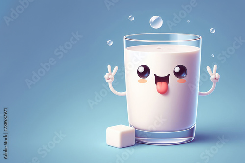 a glass of milk with a smiley face, cute cartoon character, photo
