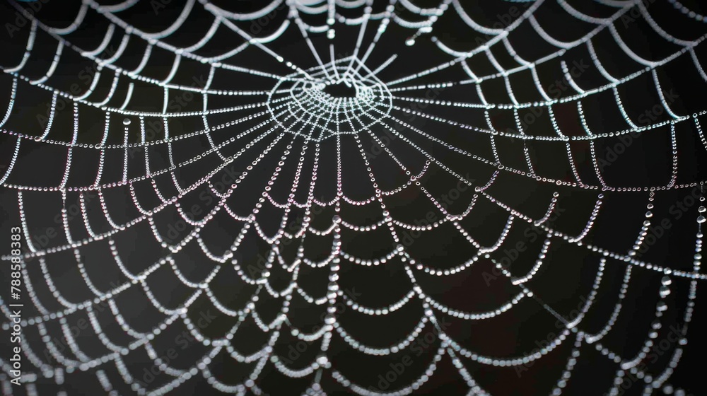 Dew-Kissed Spiderweb on Dark Background: Nature's Intricate Design