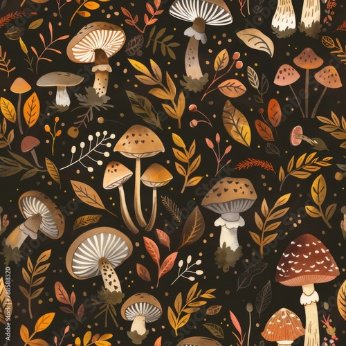 Enchanting Autumn Mushroom and Foliage Pattern for Cozy Seasonal Designs