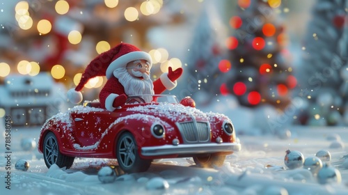 Santa Claus driving toy car in snow, perfect for holiday designs