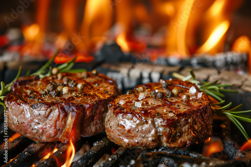Flaming Grill Beef Steaks. Close-up of succulent beef steaks grilling over roaring flames, infused with herbs and spices, capturing the essence of a classic barbecue