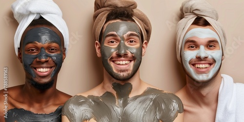 Grinning trio with assorted mud masks - embracing diverse skincare routines