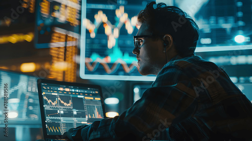 A man in front of a laptop is monitoring the market trading development chart.