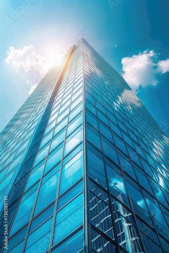 A tall glass building against a clear sky. Ideal for business concepts
