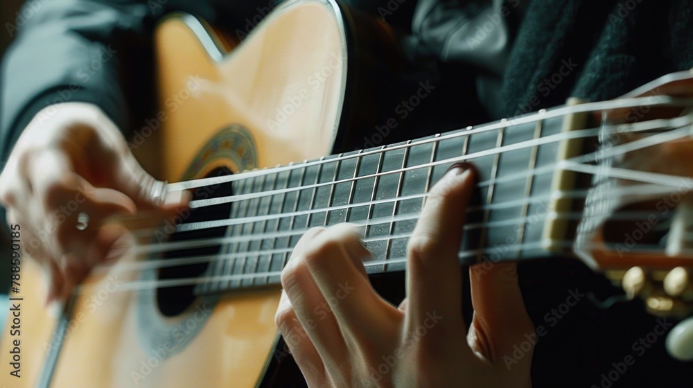 Close up of a person playing a guitar, perfect for music-related designs