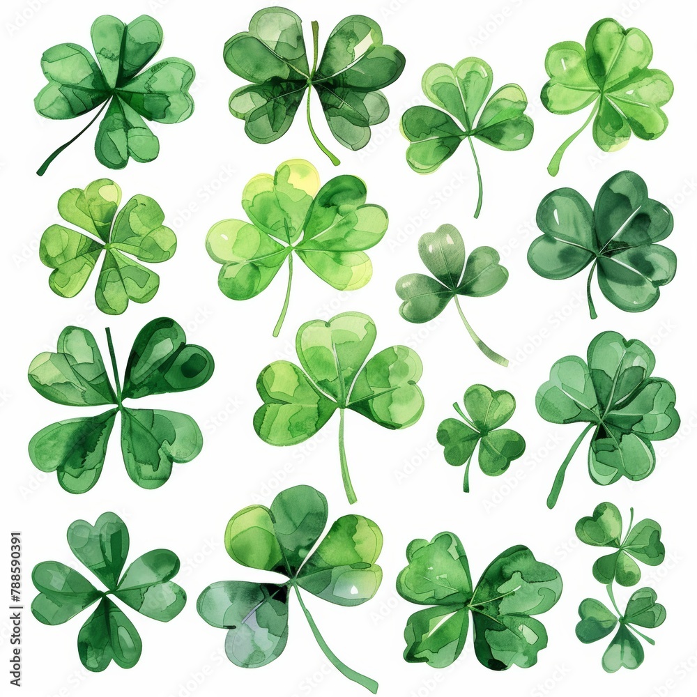 Watercolor of St Patrick's Day, clipart set clover leaf white background for event artwork Watercolor of St Patrick's Day, clipart set clover leaf white background for event artwork