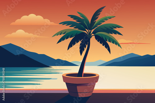 Palm tree on the beach at sunset. Vector illustration in flat style