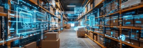 Technology retail warehouse, the process of Industry 4.0 involves digitalization and visualization, cardboard boxes, and product delivery infographics within the logistics and distribution center. photo