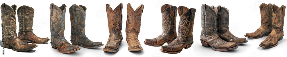 A pair of weathered cowboy boots isolated on a transparent background
A pair of weathered cowboy boots isolated on a transparent background