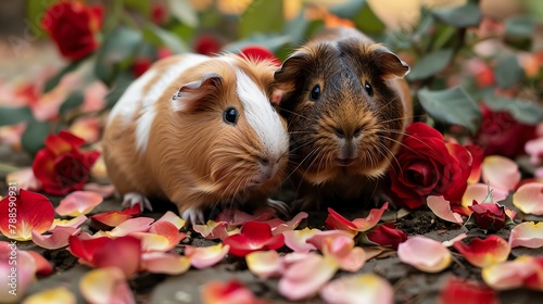 a pair of guinea pigs foraging under a rose bush in a family garden, their coats blending with the fallen petals